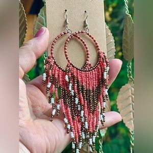 New peach white copper western boho dangle rice bead earrings